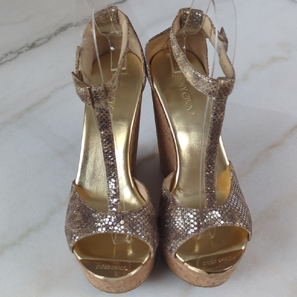 Jimmy Choo Metallic Leather T-Strap Sandals Size 8 - Picture 9 of 14